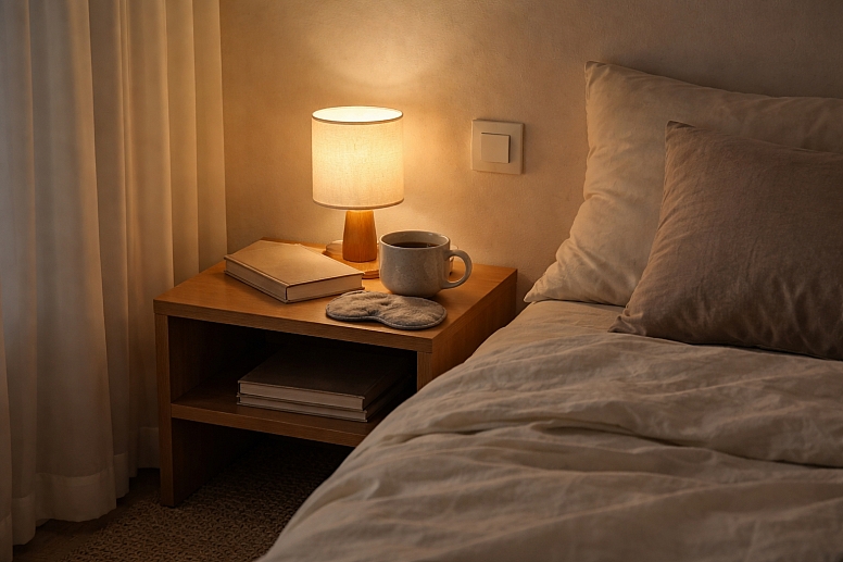 cozy bedroom corner at dusk