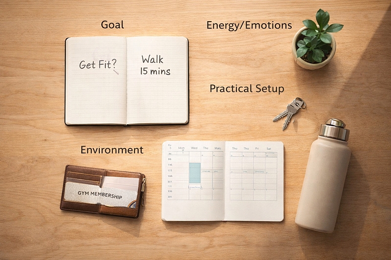 fitness routine breakdown on desk