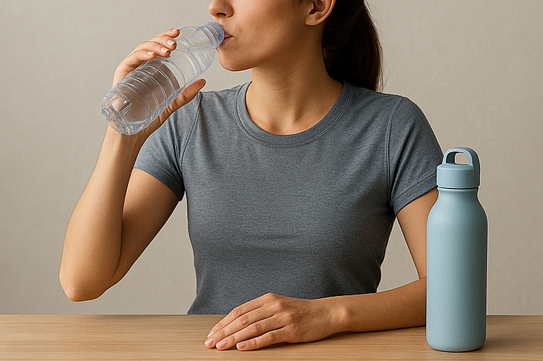 hydrating moment at wooden table