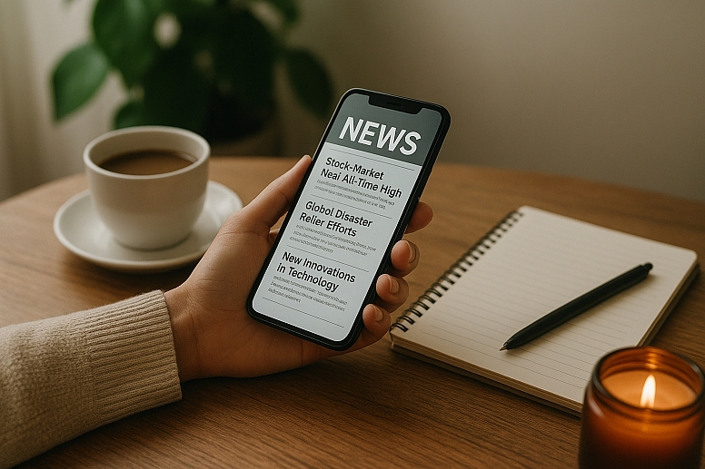 reading the news with a hot drink