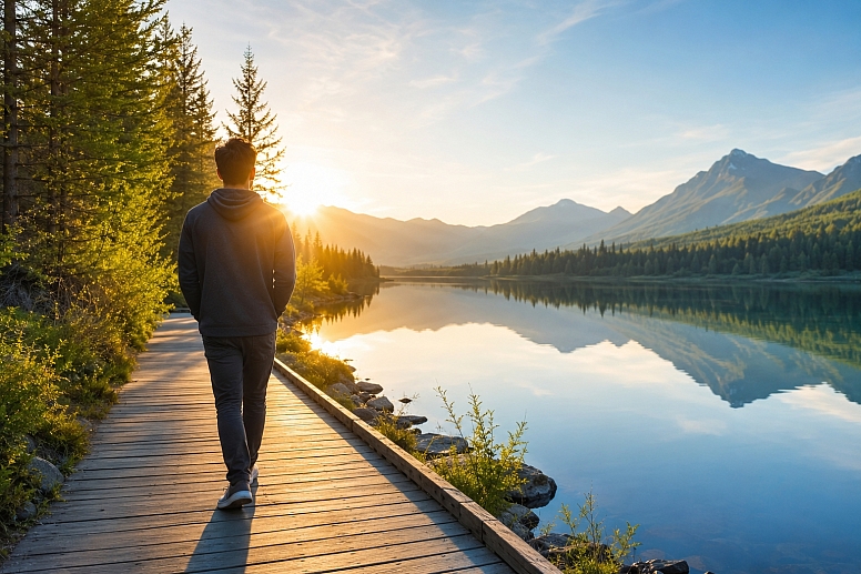 serene lakeside walk at sunrise